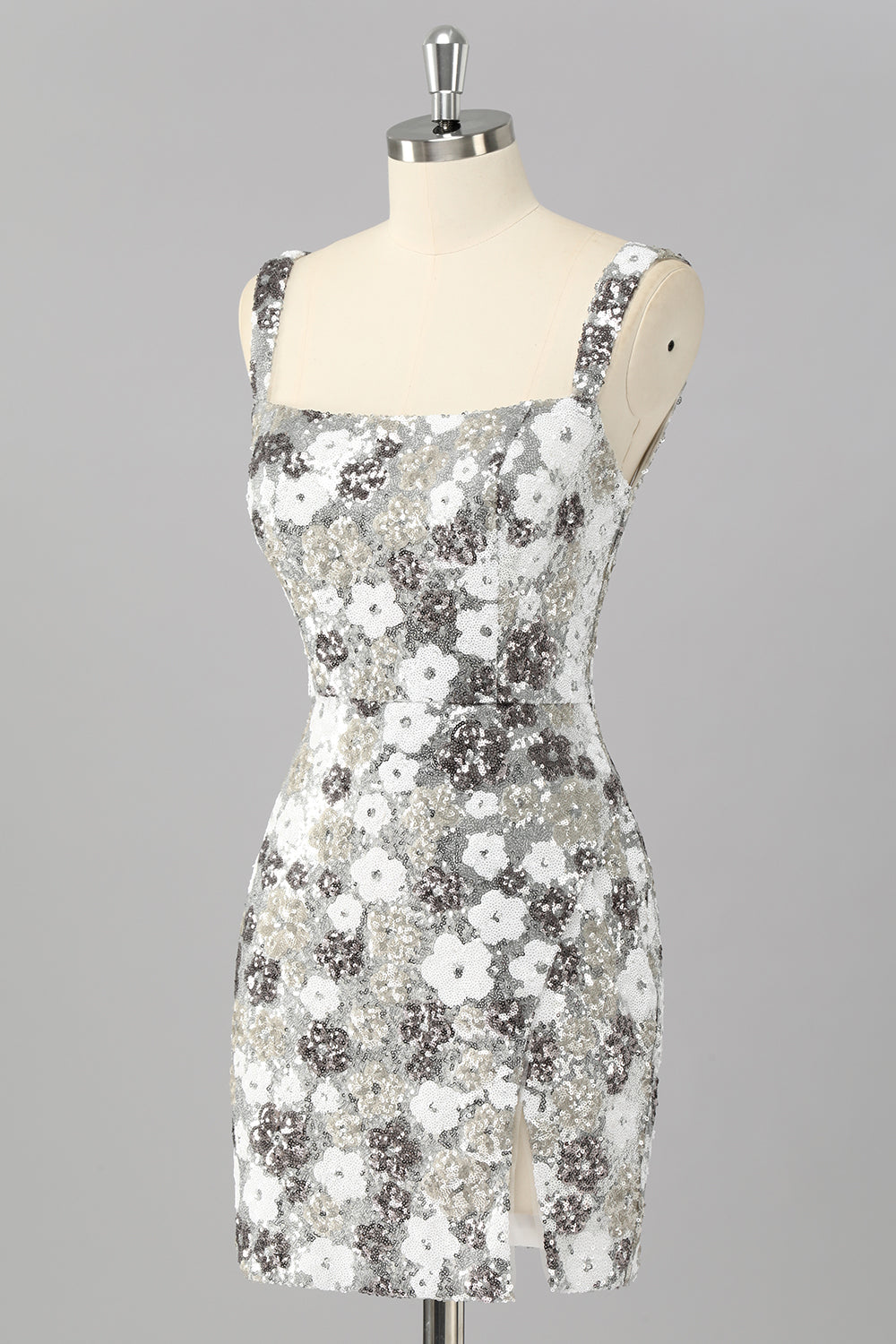 Sparkly Silver Floral Sequin Bodycon Mini Homecoming Dress with Slit