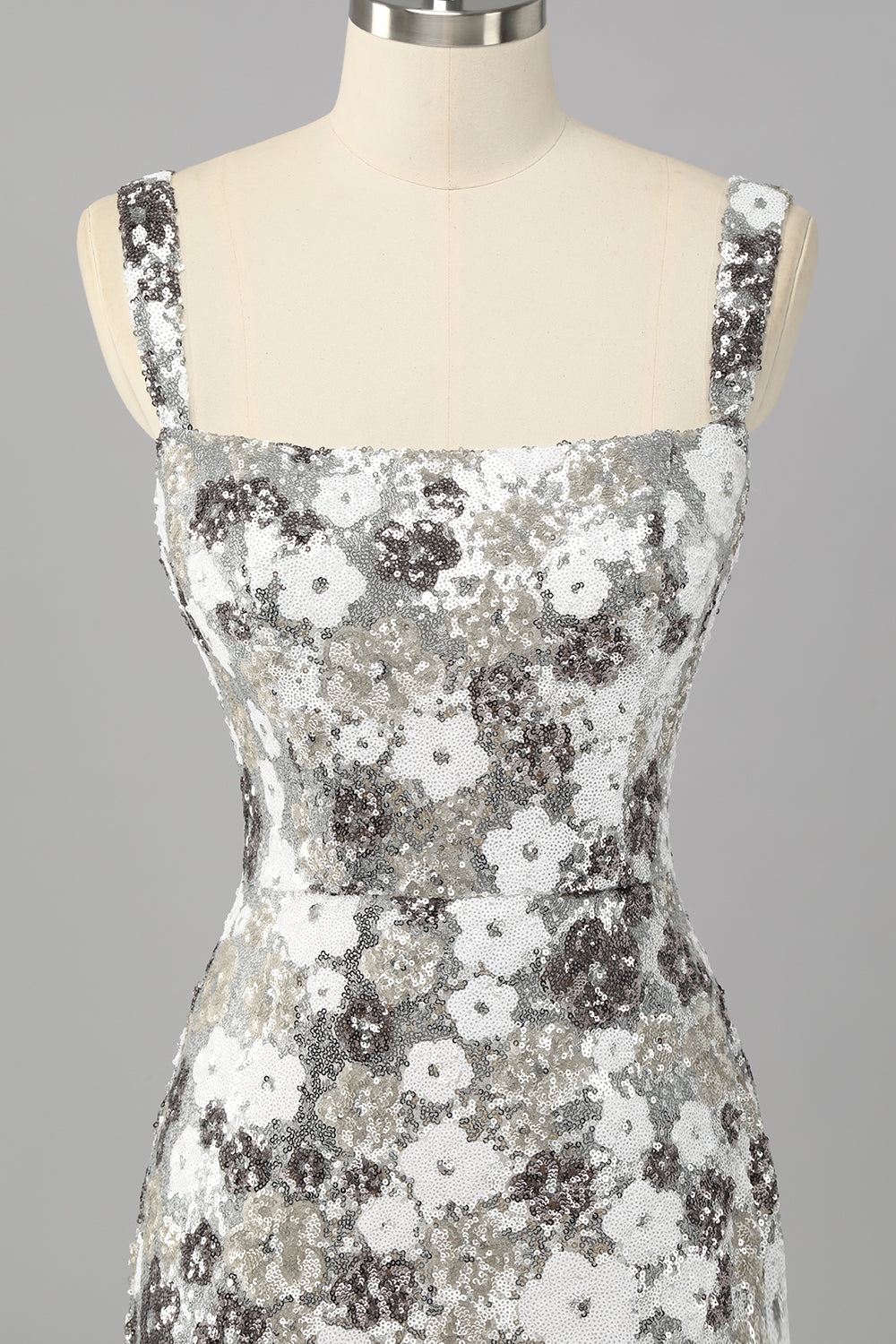 Sparkly Silver Floral Sequin Bodycon Mini Homecoming Dress with Slit