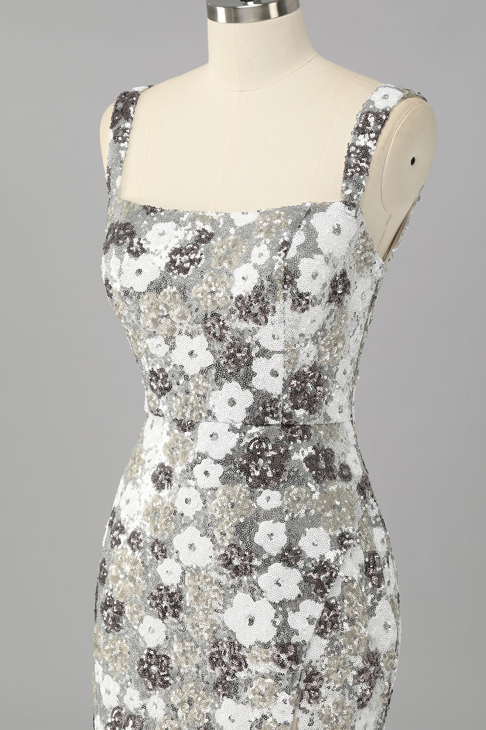 Sparkly Silver Floral Sequin Bodycon Mini Homecoming Dress with Slit