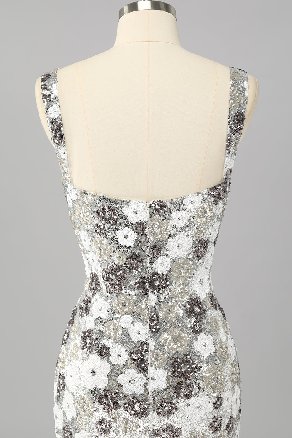 Sparkly Silver Floral Sequin Bodycon Mini Homecoming Dress with Slit