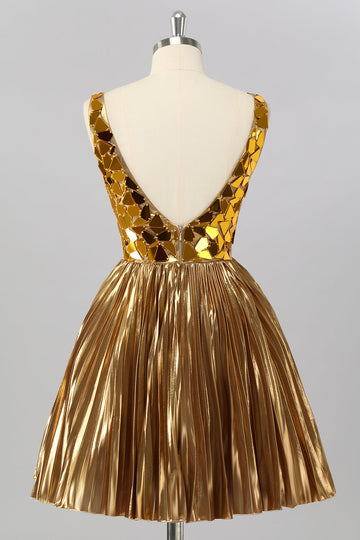 Golden Mirror Metallic A Line Short Homecoming Dress