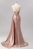 Blush Mermaid Spaghetti Straps Beaded Prom Dress with Side Streamer