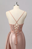 Blush Mermaid Spaghetti Straps Beaded Prom Dress with Side Streamer
