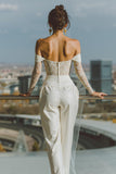 White Off the Shoulder Bridal Jumpsuits with Lace