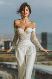 White Off the Shoulder Bridal Jumpsuits with Lace