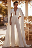 White Deep V-Neck Bridal Jumpsuits with Cape