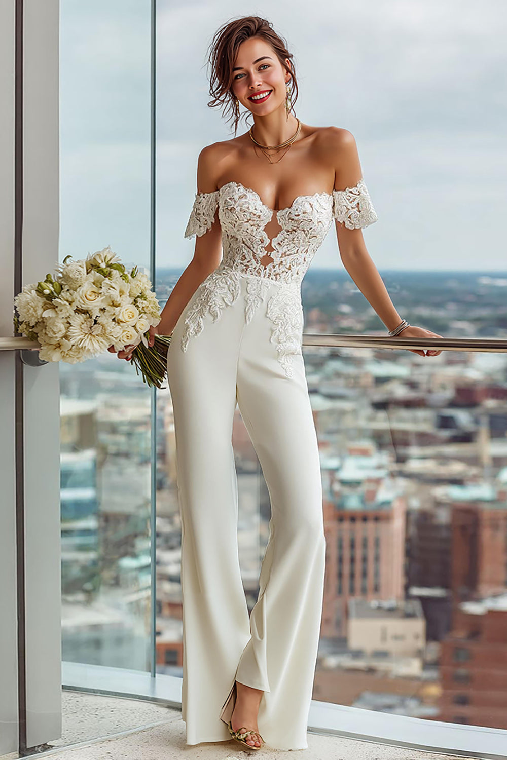 White Off the Shoulder Lace Appliqued Bridal Jumpsuits