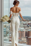 White Off the Shoulder Lace Appliqued Bridal Jumpsuits