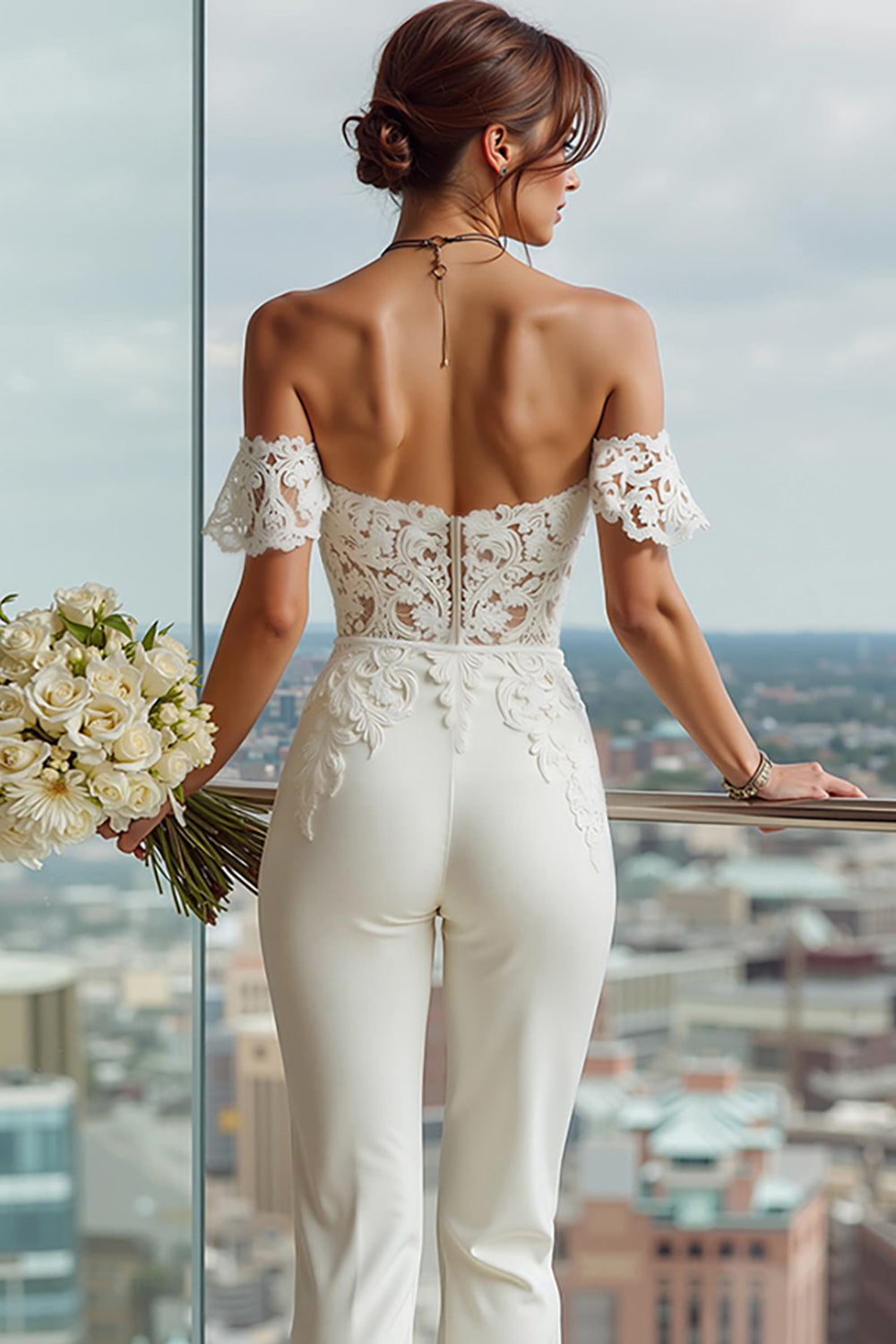 White Off the Shoulder Lace Appliqued Bridal Jumpsuits