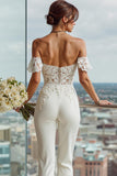 White Off the Shoulder Lace Appliqued Bridal Jumpsuits