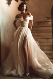 White Off the Shoulder A Line Wedding Dress with Slit