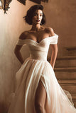 White Off the Shoulder A Line Wedding Dress with Slit