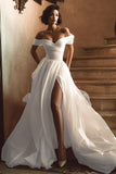 White Off the Shoulder A Line Wedding Dress with Slit