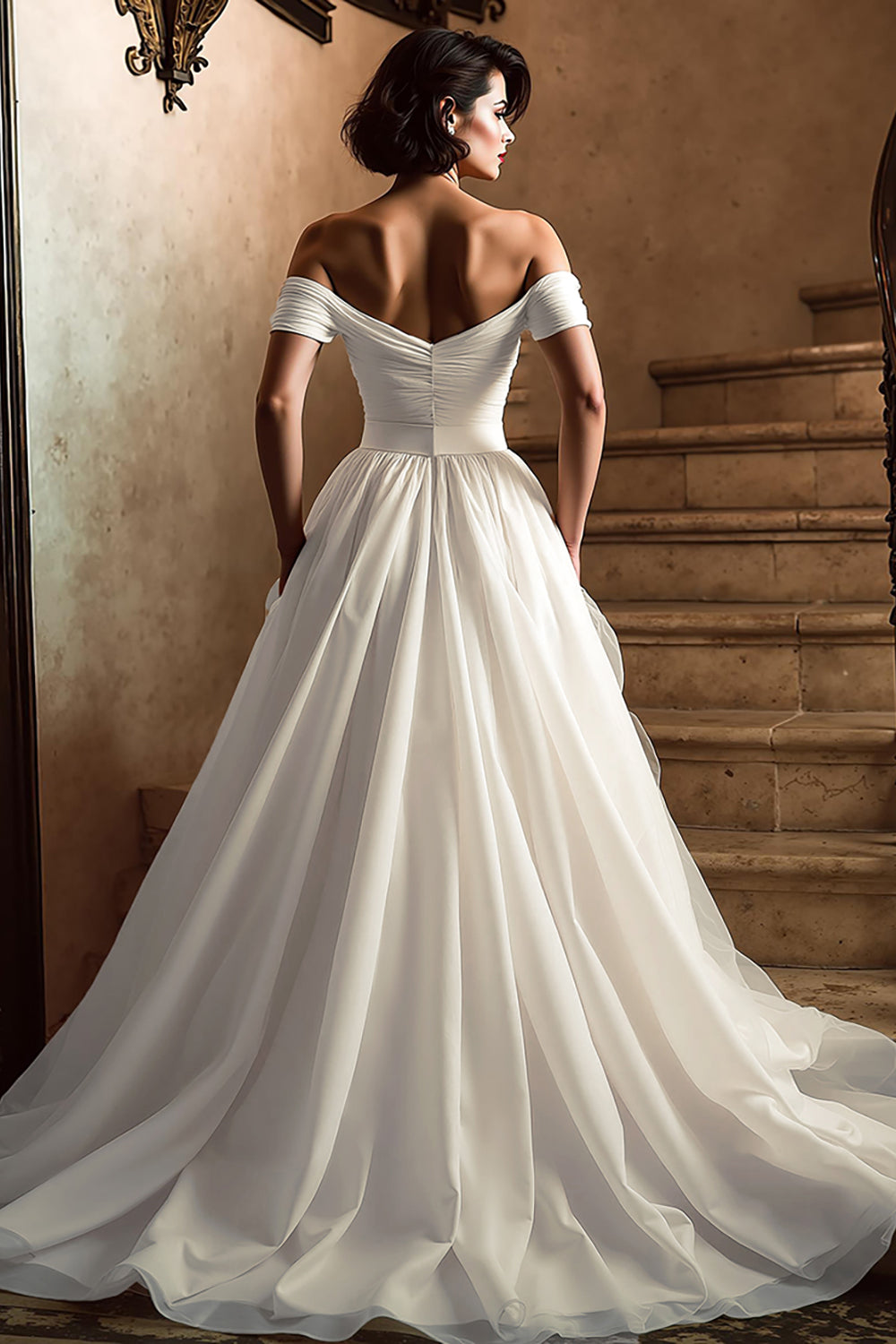 White Off the Shoulder A Line Wedding Dress with Slit