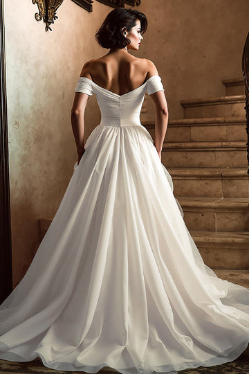 White Off the Shoulder A Line Wedding Dress with Slit