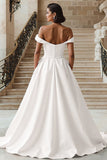 White Off the Shoulder Ball Gown Wedding Dress with Slit
