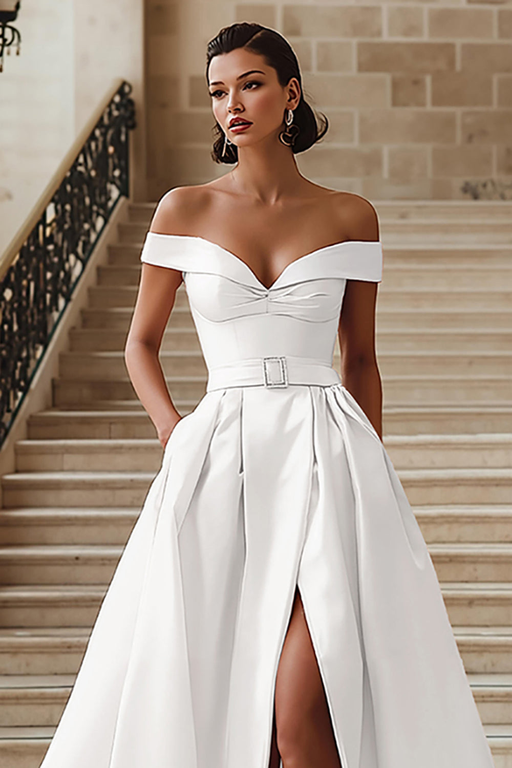 White Off the Shoulder Ball Gown Wedding Dress with Slit