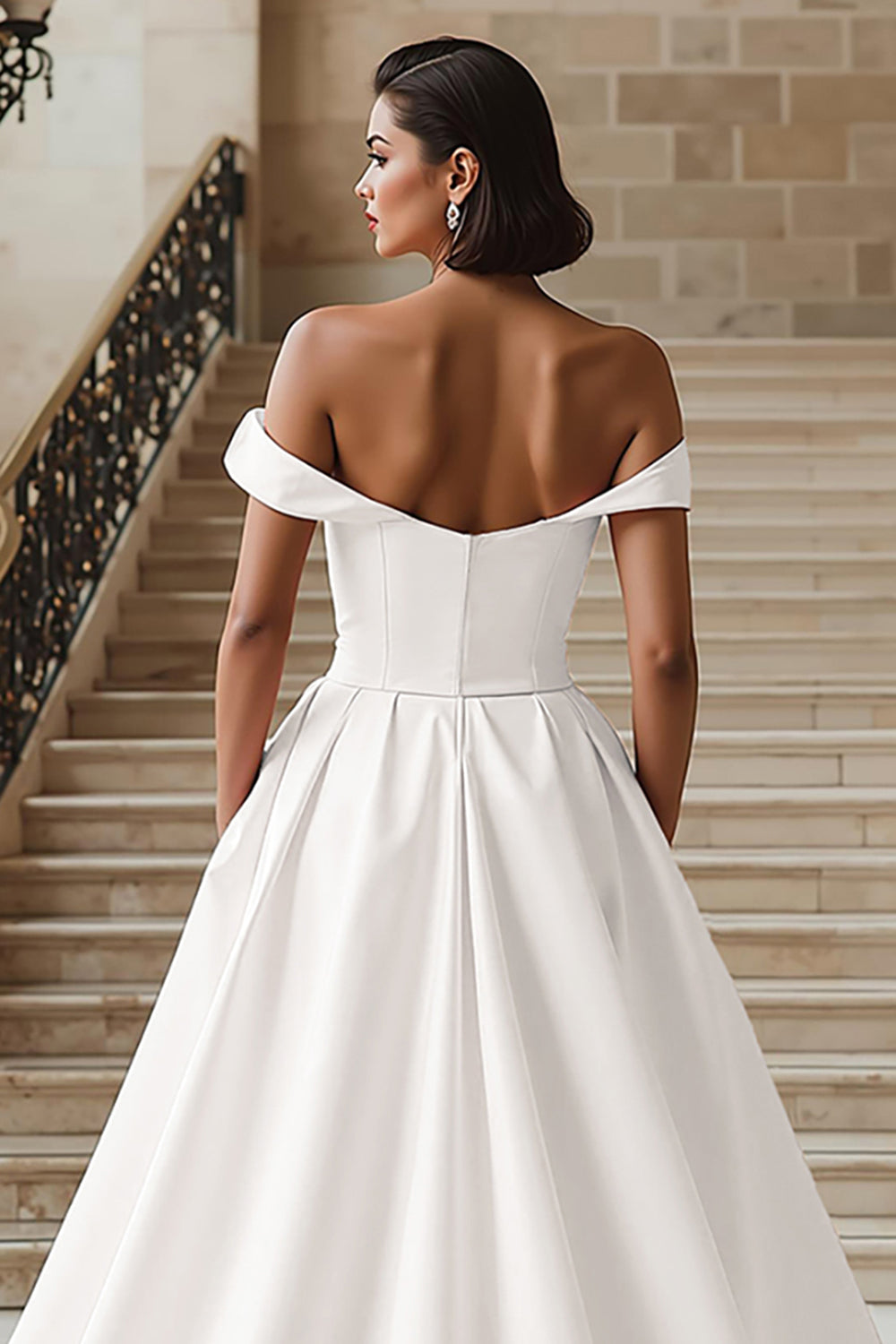 White Off the Shoulder Ball Gown Wedding Dress with Slit