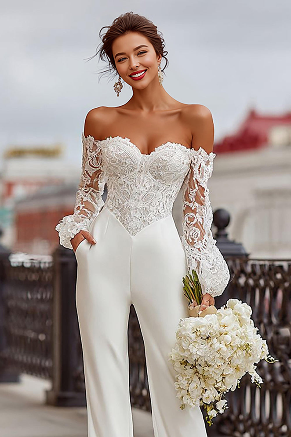 White Lace Off the Shoulder Bridal Jumpsuits with Pockets