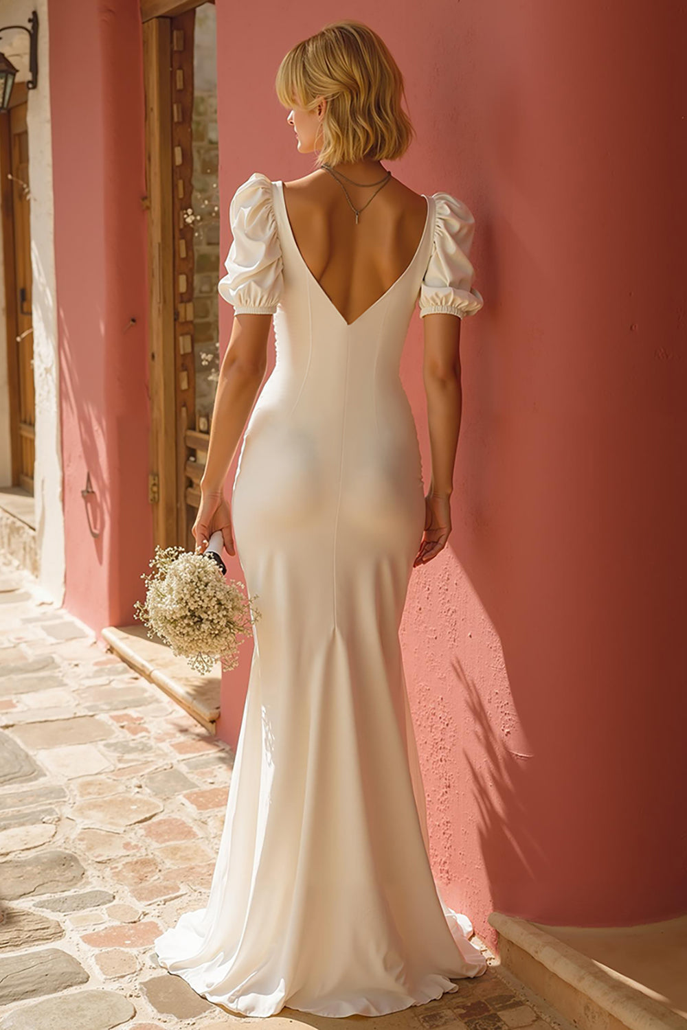 White Mermaid V-Neck Wedding Dress with Slit