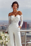White Off the Shoulder Lace Long Bridal Jumpsuits
