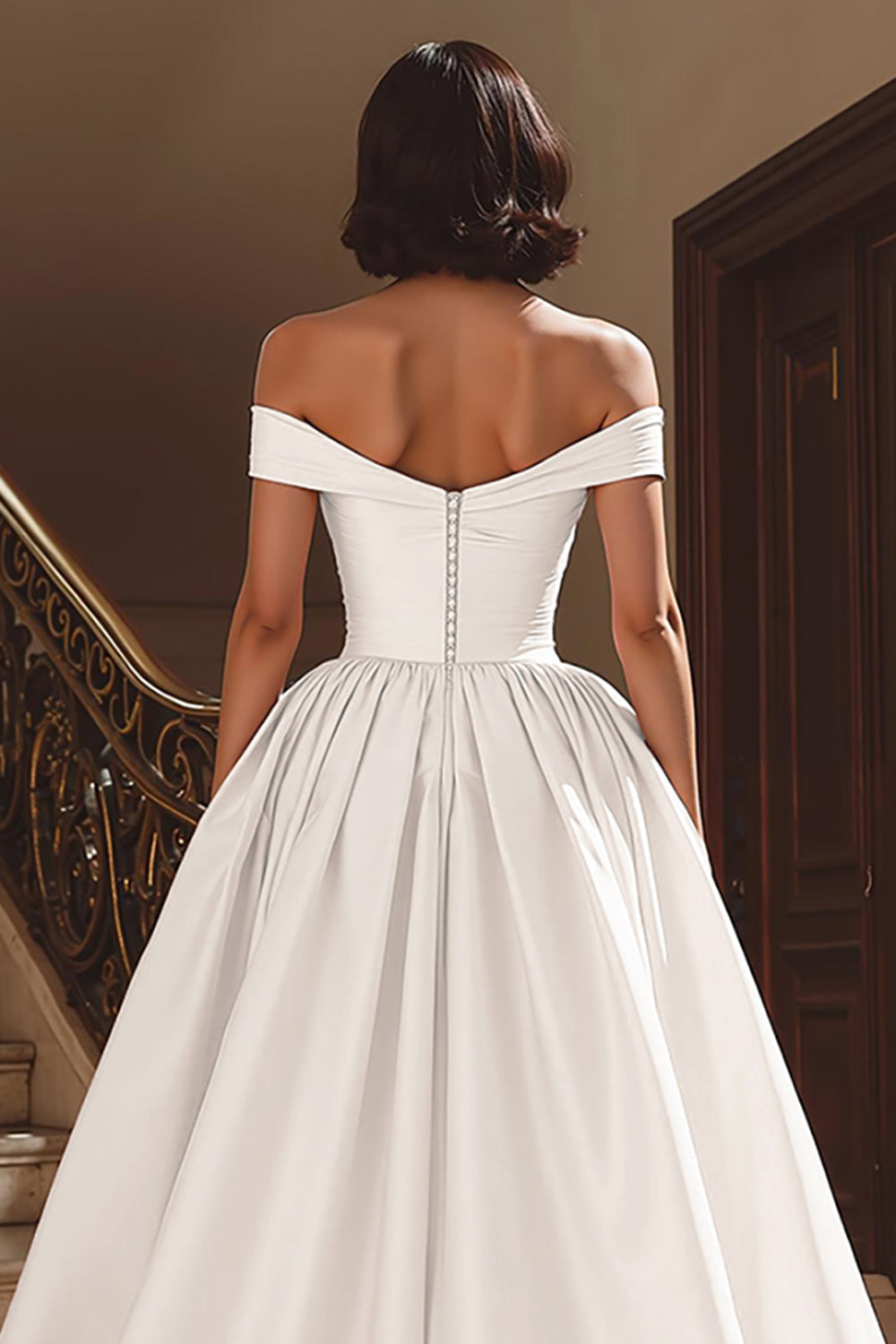 White Off the Shoulder Satin Sweep Train Wedding Dress with Slit