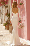 White Mermaid V-Neck Ruched Wedding Dress with Appliques