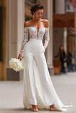 White Off the Shoulder Appliqued Bridal Jumpsuits with Pockets