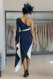 White Navy Bodycon One Shoulder Midi Mother Of The Bride Dress with Sash