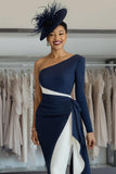 White Navy Bodycon One Shoulder Midi Mother Of The Bride Dress with Sash