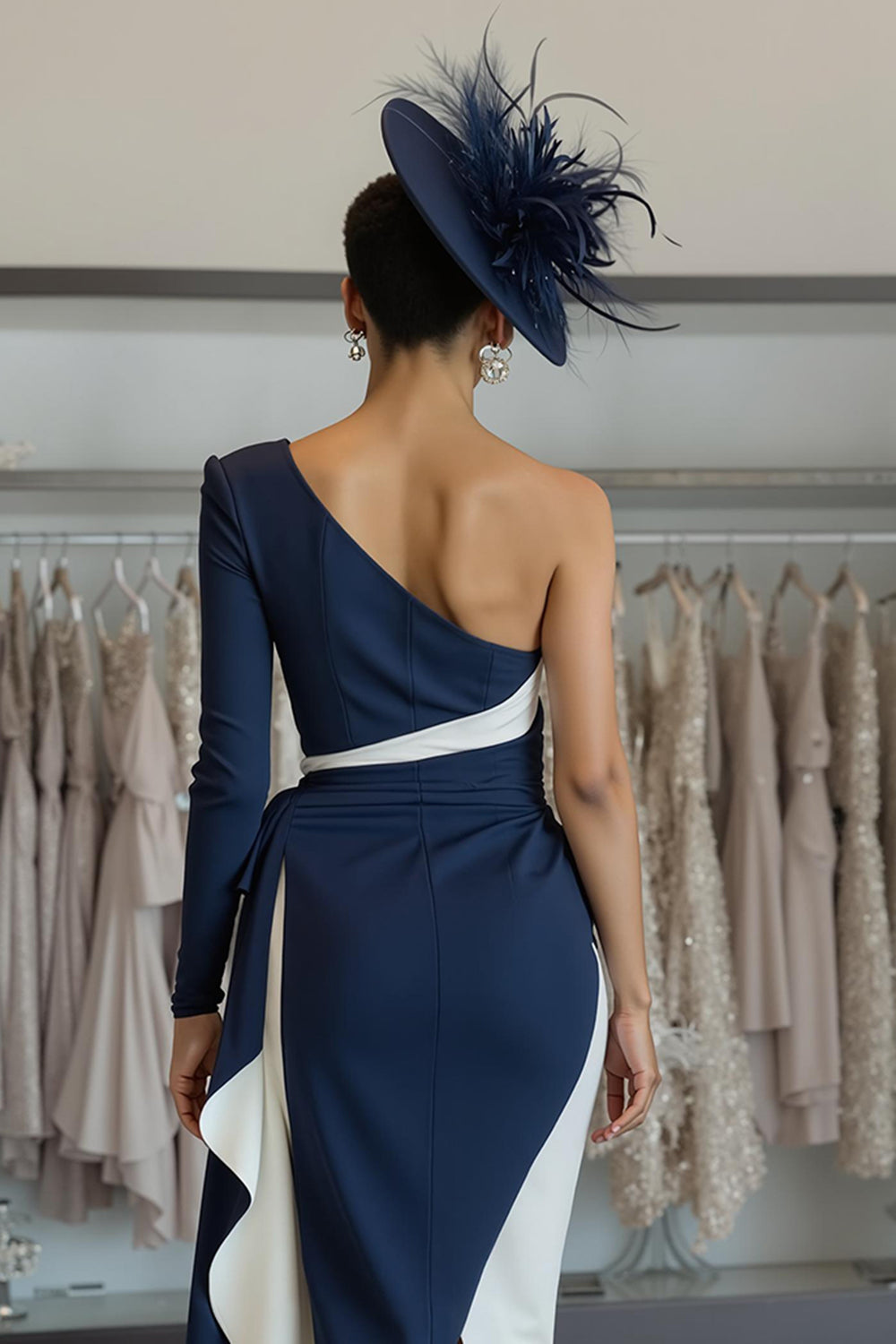 White Navy Bodycon One Shoulder Midi Mother Of The Bride Dress with Sash