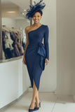 White Navy One Shoulder Bodycon Midi Mother Of The Bride Dress with Sash