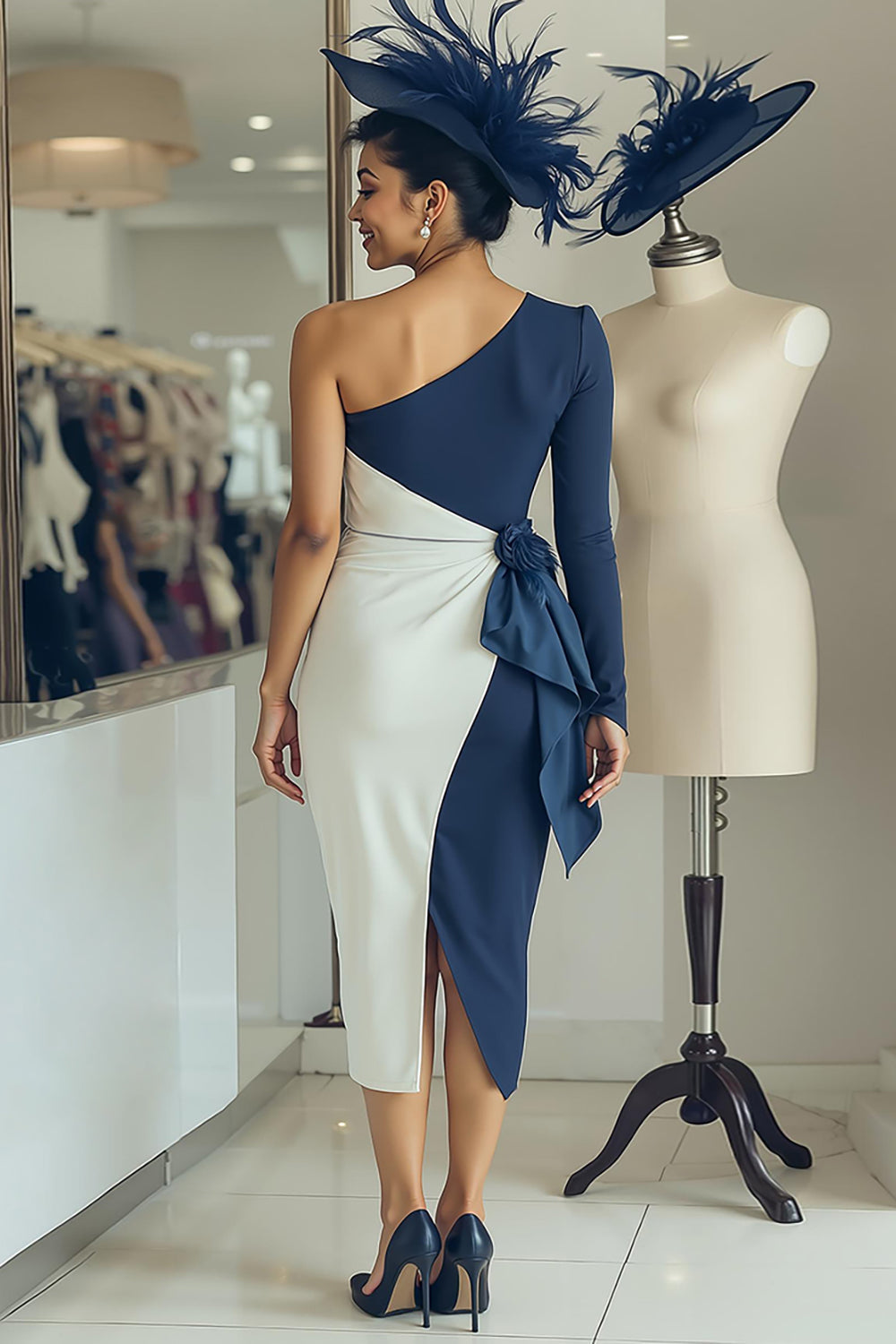 White Navy One Shoulder Bodycon Midi Mother Of The Bride Dress with Sash