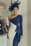 White Navy One Shoulder Bodycon Midi Mother Of The Bride Dress with Sash