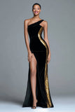 Black Velvet One Shoulder Mermaid Sequin Long Formal Dress with Slit