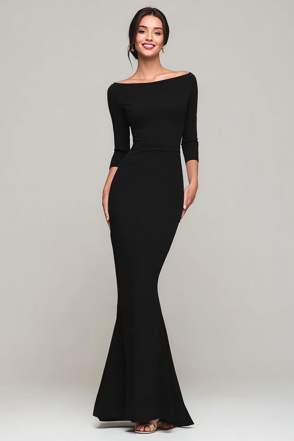 Black Mermaid Boat Neck Long Formal Dress with Sleeves