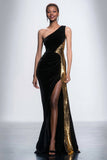 Sparkly Black One Shoulder Sheath Velvet Long Formal Dress with Sequins