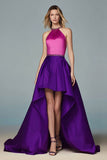 Sparkly Fuchsia and Purple High Low Halter Beaded Formal Dress