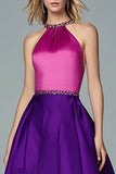 Sparkly Fuchsia and Purple High Low Halter Beaded Formal Dress