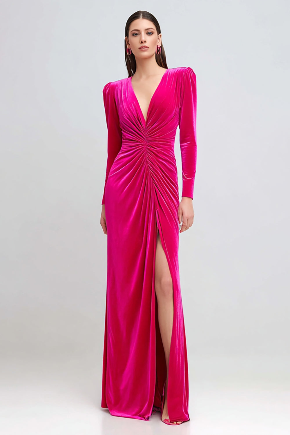 Fuchsia Velvet Sheath Ruched Long Formal Dress with Slit