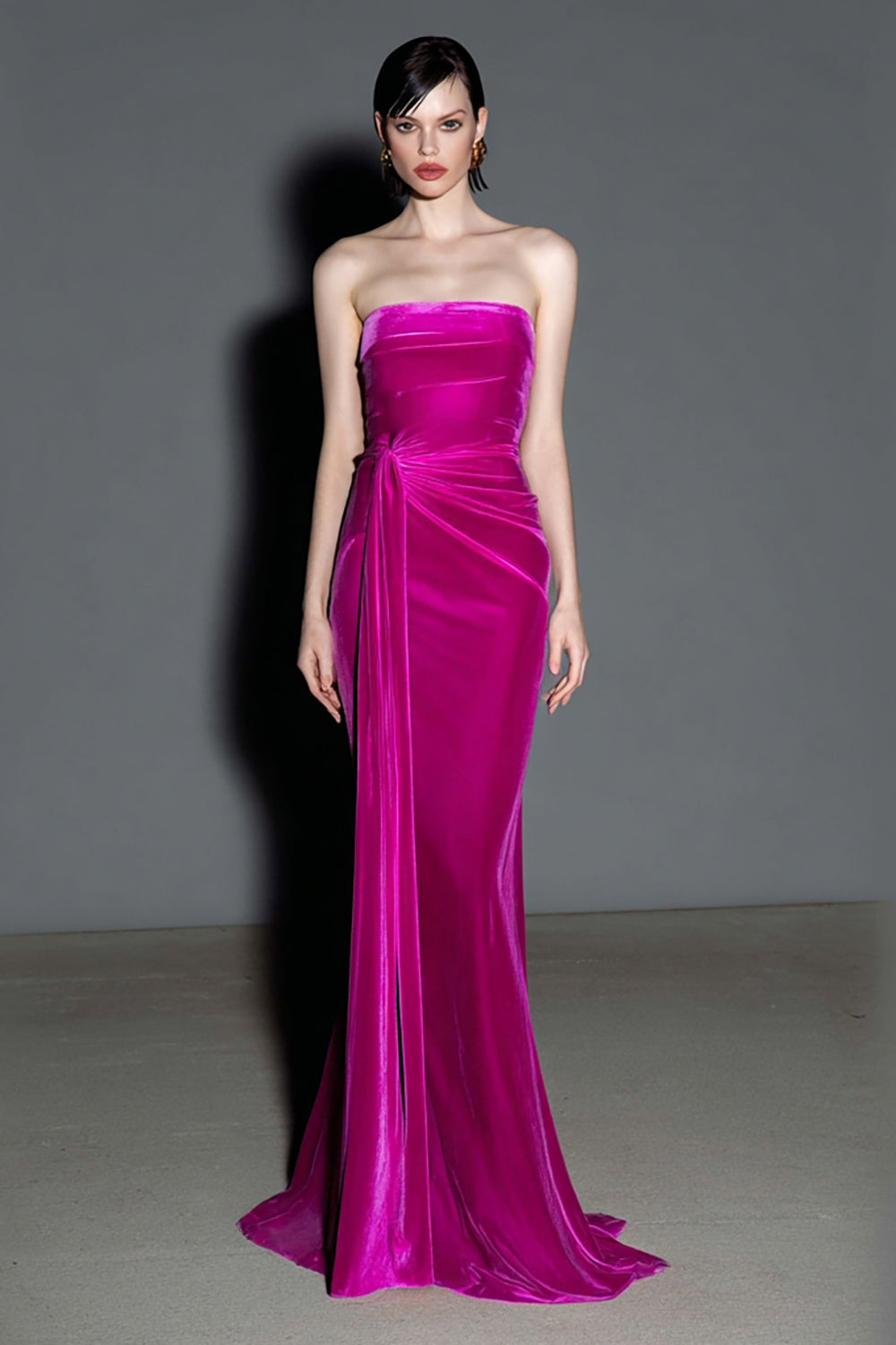 Fuchsia Mermaid Velvet Strapless Formal Dress with Sash