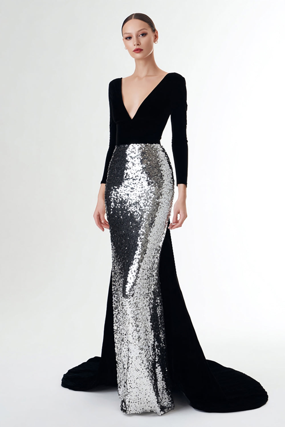 Black and Silver Velvet Sheath Long Sleeves Formal Dress With Sequins