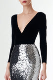 Black and Silver Velvet Sheath Long Sleeves Formal Dress With Sequins