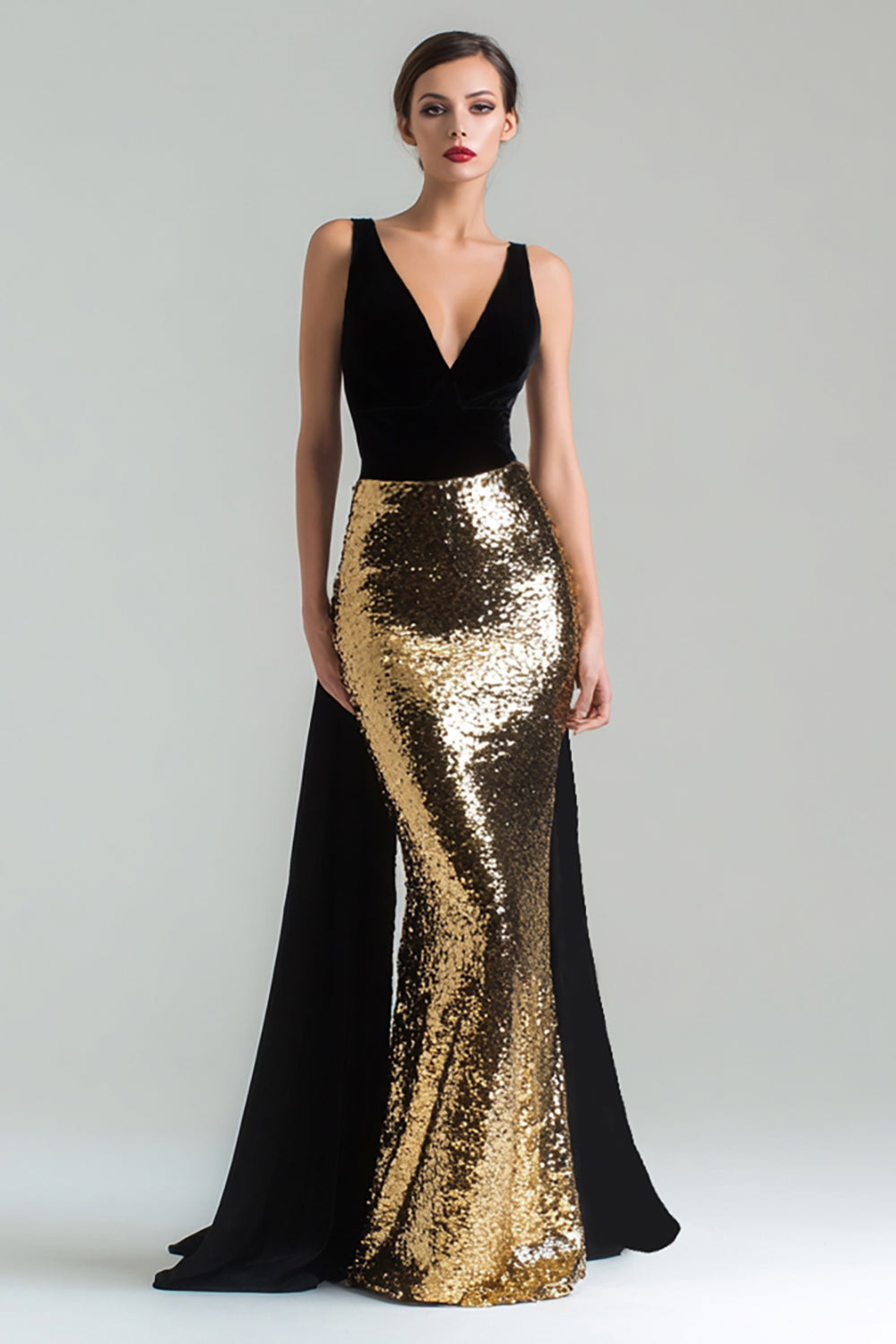 Mermaid Gold and Black V-Neck Velvet Long Formal Dress