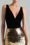 Mermaid Gold and Black V-Neck Velvet Long Formal Dress
