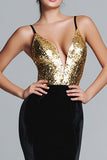 Gold and Black Mermaid Spaghetti Straps Velvet Long Formal Dress