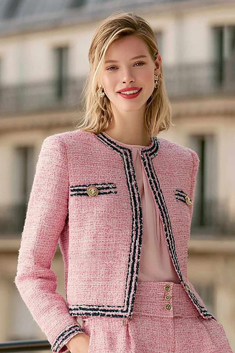 2 Piece Pink Tweed Long Sleeve Women's Suits