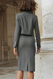 2 Piece Grey Tweed Pencil Single Breasted Work Dress