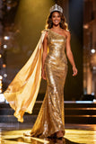 Sparkly Gold Sequins Mermaid One Shoulder Long Pageant Dress