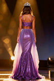 Sparkly Purple Sequin Mermaid Two Piece Long Pageant Dress